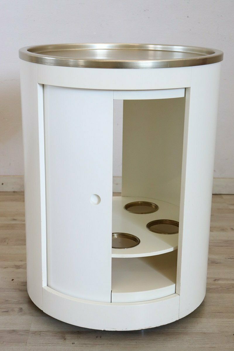 Space Age White Bar Cart On Wheels With Sliding Door, 1960s photo buy