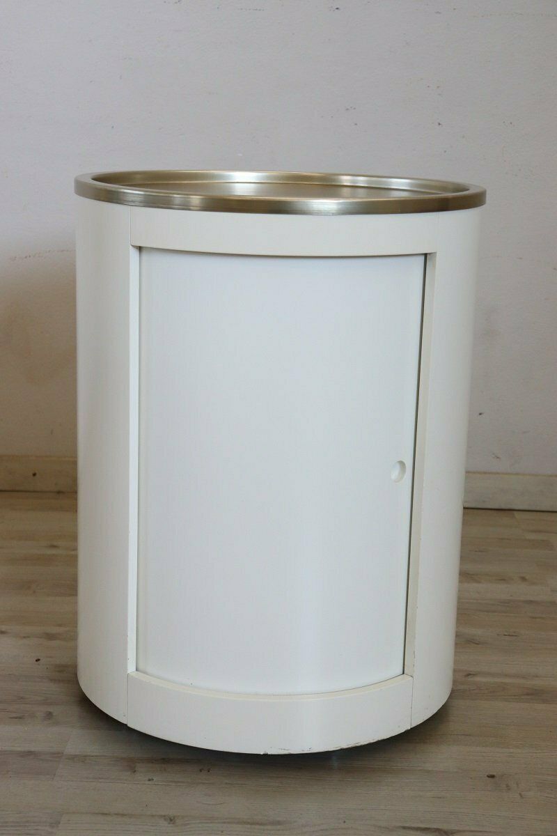 Space Age White Bar Cart On Wheels With Sliding Door, 1960s photo vintage