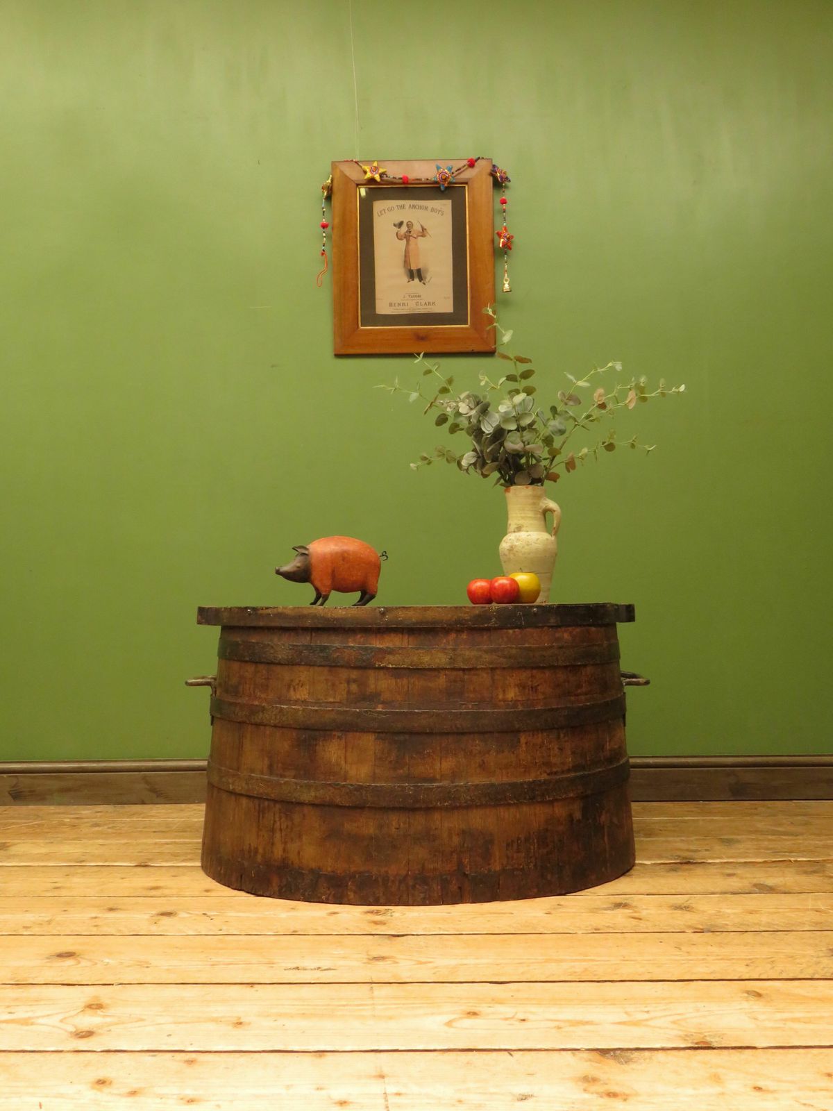 396.0 Large Antique Coopered Pig Salting Barrel With Lid, Coffee Or Bar Table photo