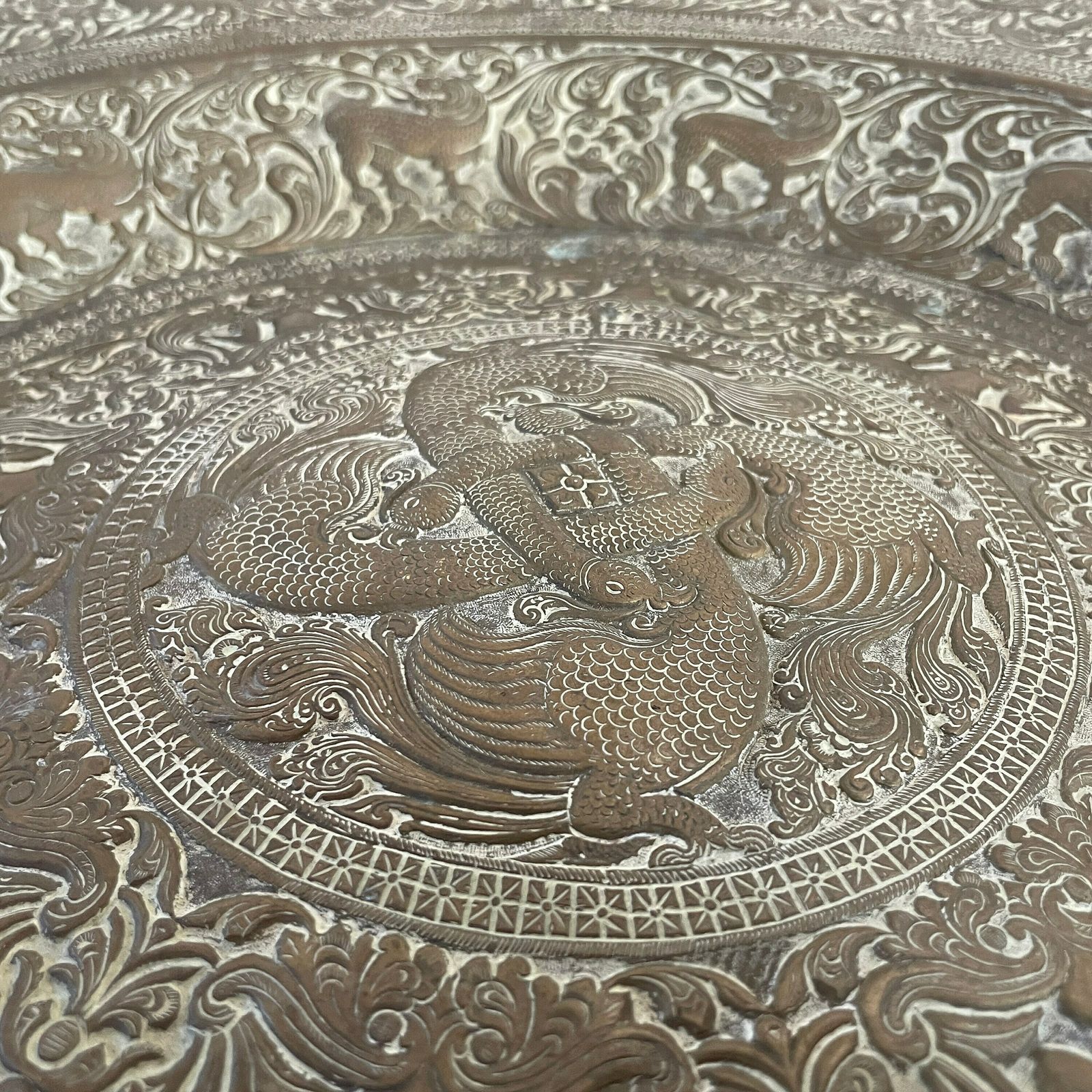 Antique Metal Gold Brass Indian Table Fold Away Patterned Tray Asian Handmade Intricate Decorative Patterned Round Coffee Side Wood Vintage photo buy