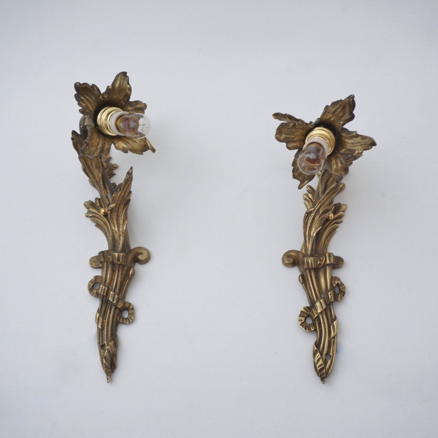 Pair Art Nouveau Wall Lights Sconces, Lily Flower Foliate Decoration In Gilt Bronze, 1890`s Ca, French, Rewired photo furniture