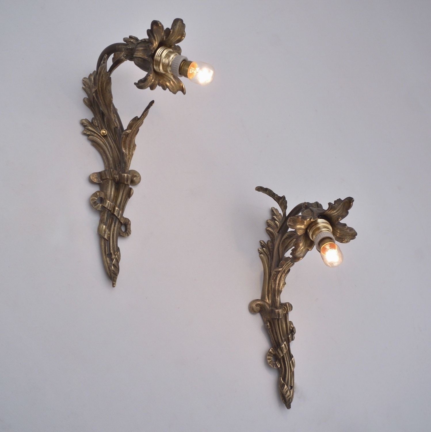 Pair Art Nouveau Wall Lights Sconces, Lily Flower Foliate Decoration In Gilt Bronze, 1890`s Ca, French, Rewired photo buy