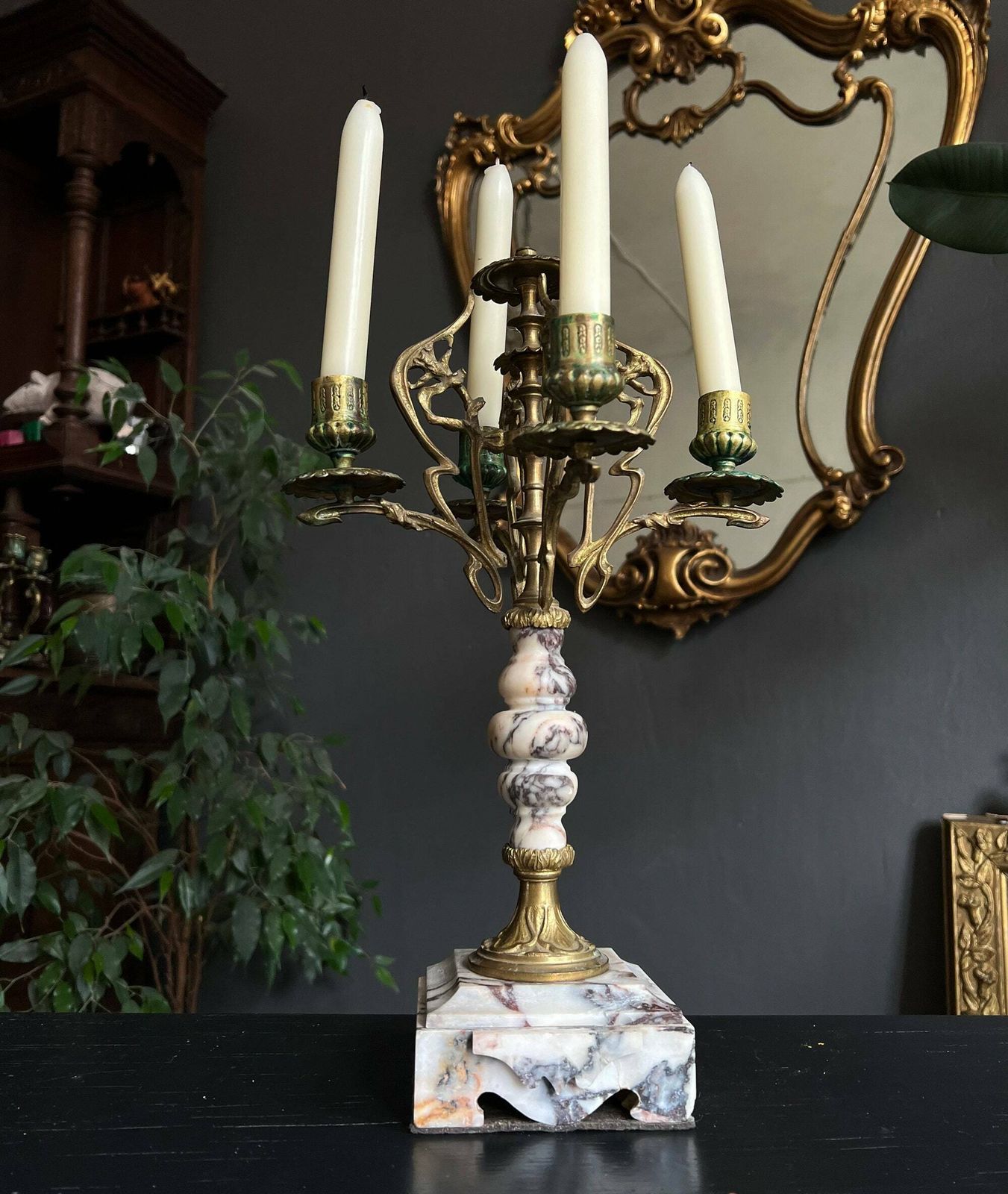 Antique Candelabra, Art Nouveau Candelabra, Antique Candle Holder, Ornate French Marble And Brass Candlestick Holder photo Home Decor