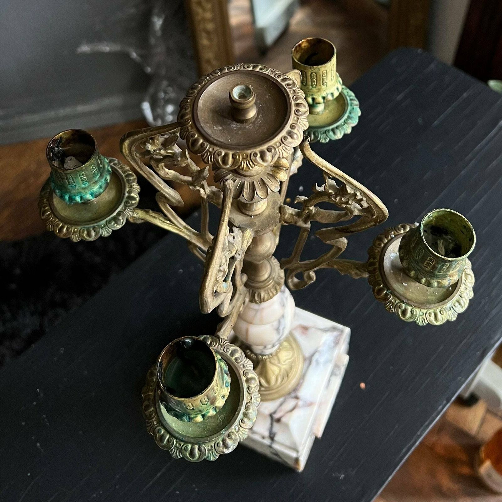 Antique Candelabra, Art Nouveau Candelabra, Antique Candle Holder, Ornate French Marble And Brass Candlestick Holder photo 204.0
