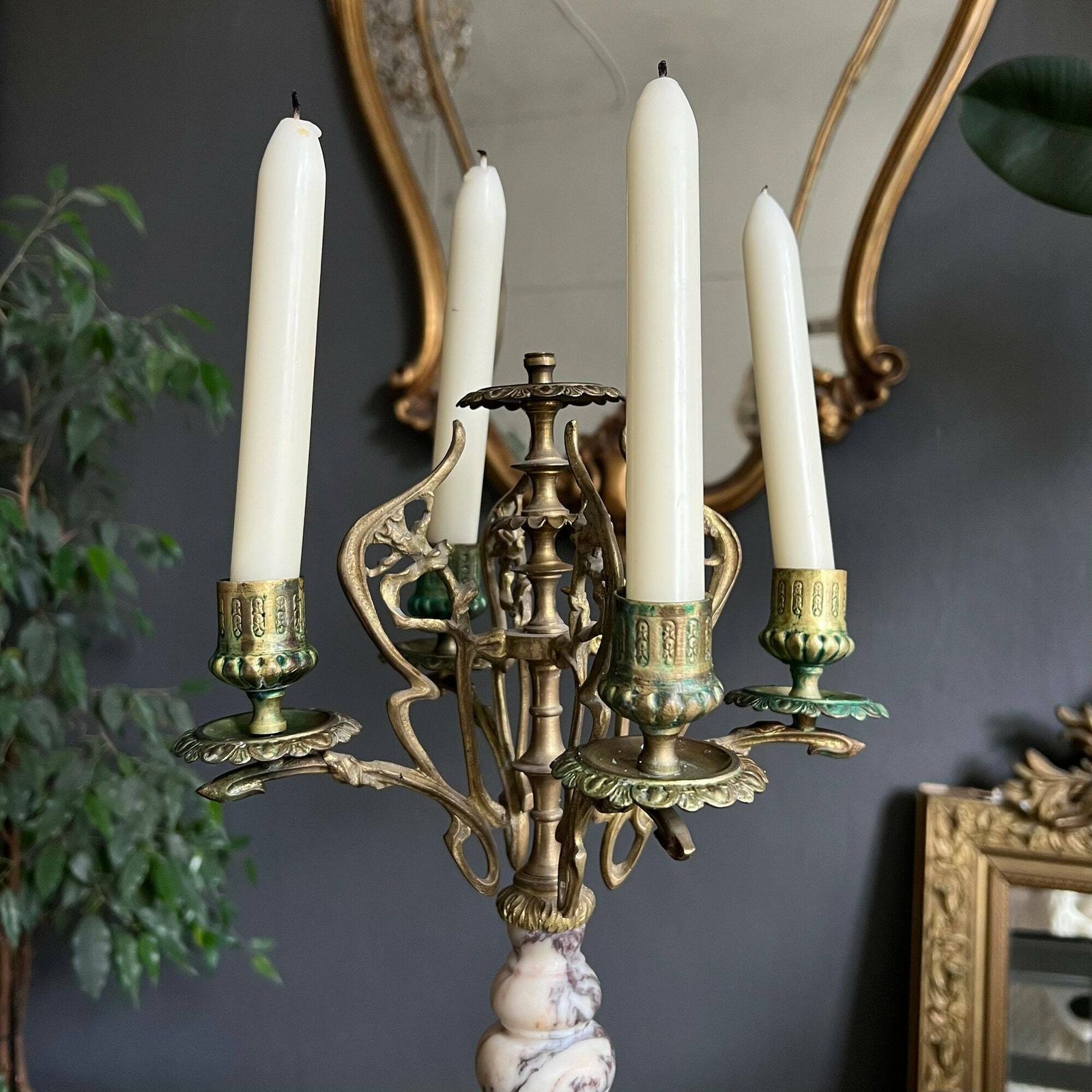 Antique Candelabra, Art Nouveau Candelabra, Antique Candle Holder, Ornate French Marble And Brass Candlestick Holder photo buy