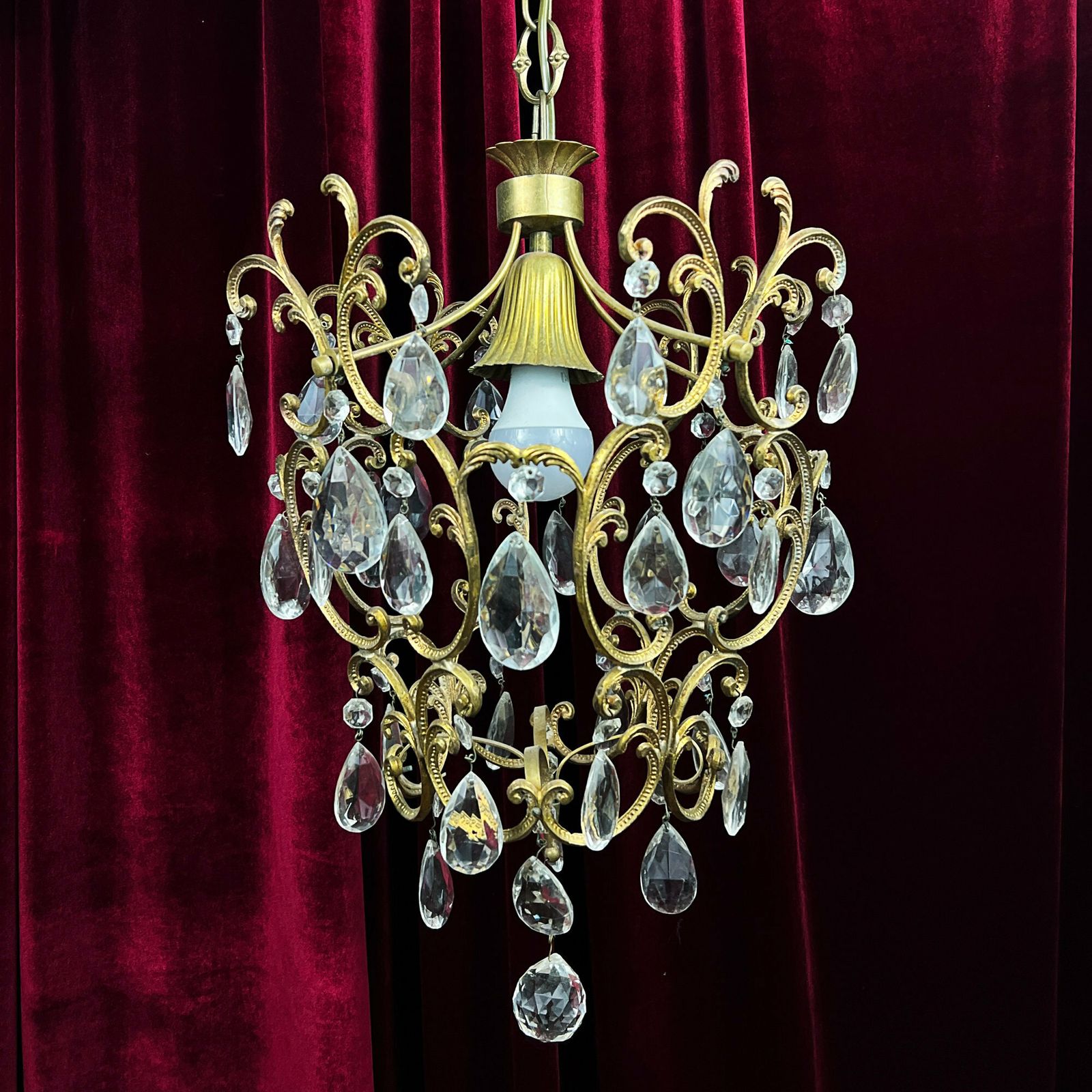 Vintage Kroonluchter, Messing En Kristal, Antieke Verlichting, Italiaanse Lichtarmatuur