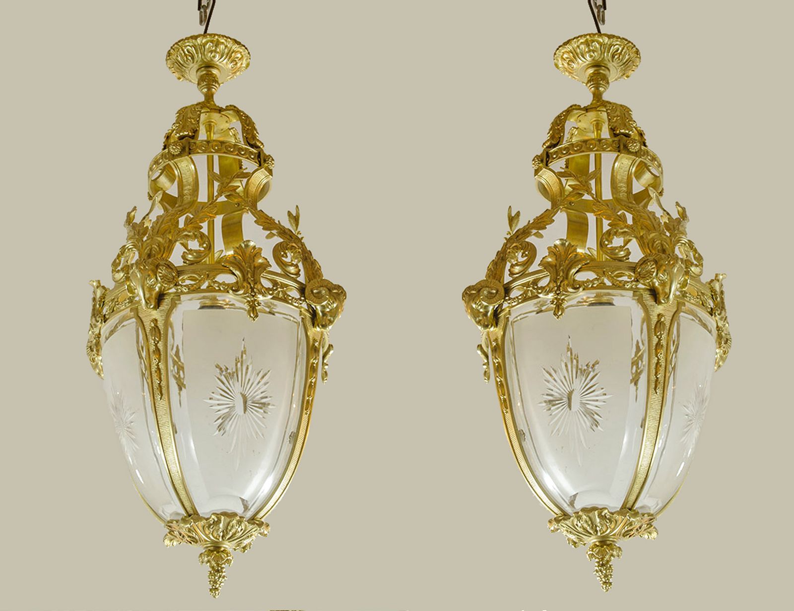 Pair Of Early 20th Century French Cast Bronze And Glass Farole Like Ceiling Lamps photo furniture