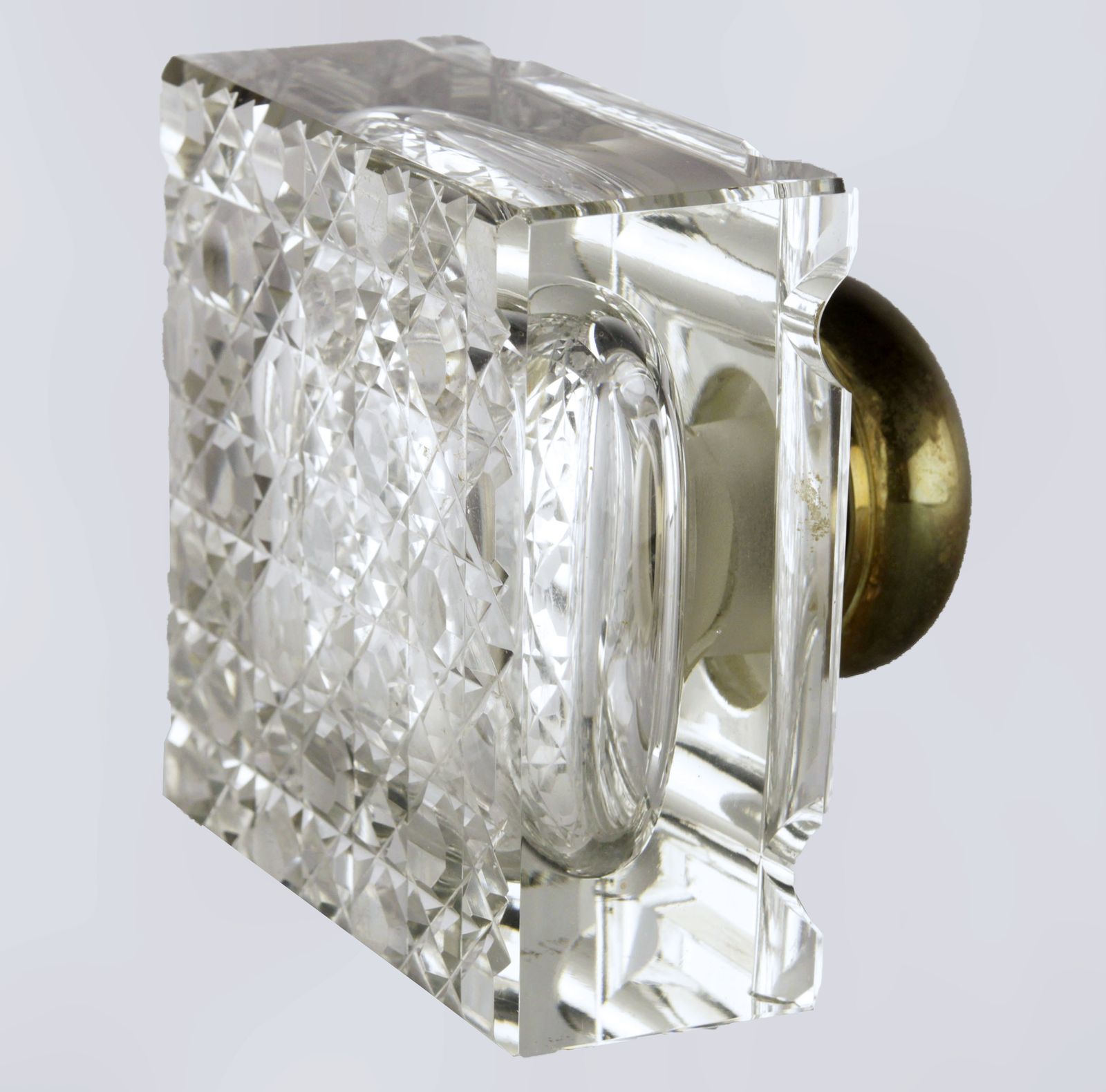 English Square Shapped Cut Glass/Crystal Inkwell With Brass/Bronze Top photo for sale