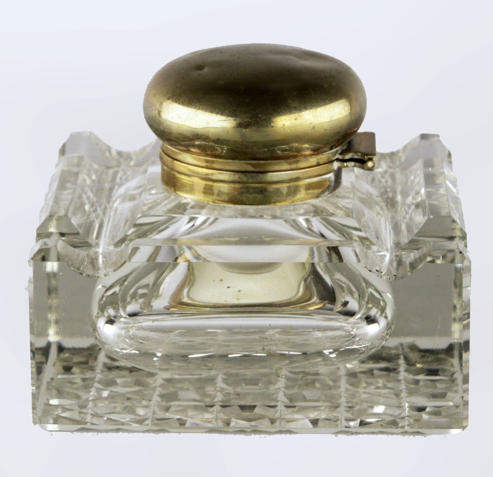 English Square Shapped Cut Glass/Crystal Inkwell With Brass/Bronze Top photo furniture