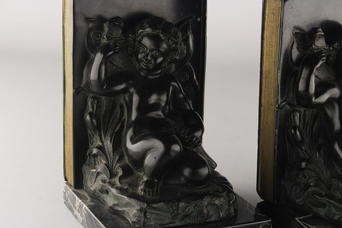 Set Of Early 20th Century French Art Déco Zamac Winged Cherub/Fairy Child Bookends With Marble Base photo buy