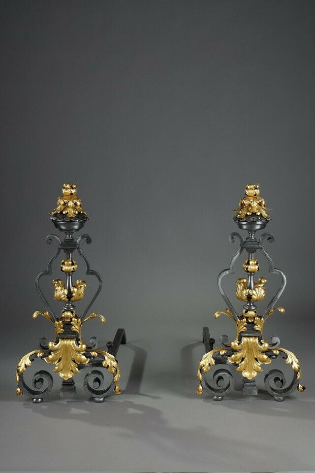 Very Large Pair Of Wrought Iron Mantelpieces With Foliage, Mask And Scroll Motifs photo furniture