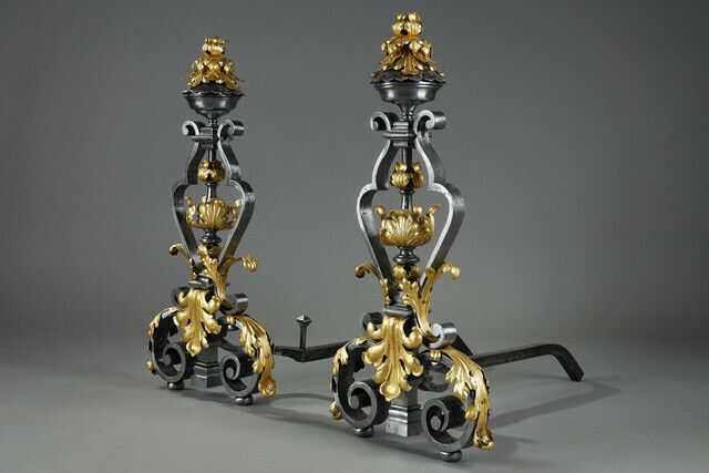 Very Large Pair Of Wrought Iron Mantelpieces With Foliage, Mask And Scroll Motifs photo for sale