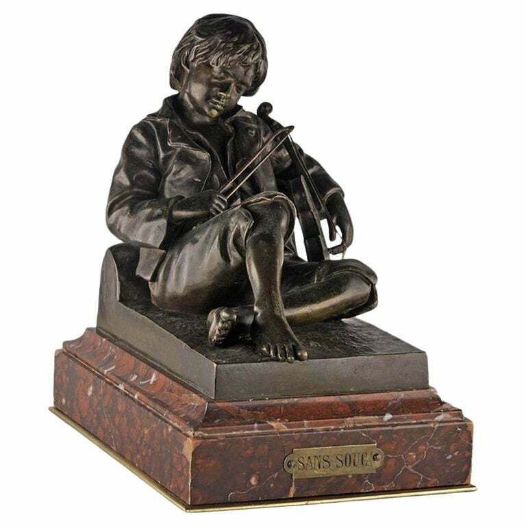 Late 19th Century French Patinated Bronze Sculpture Of Violinist 'Sans Souci' With Marble Base By Léon Tharel For Susse Frères