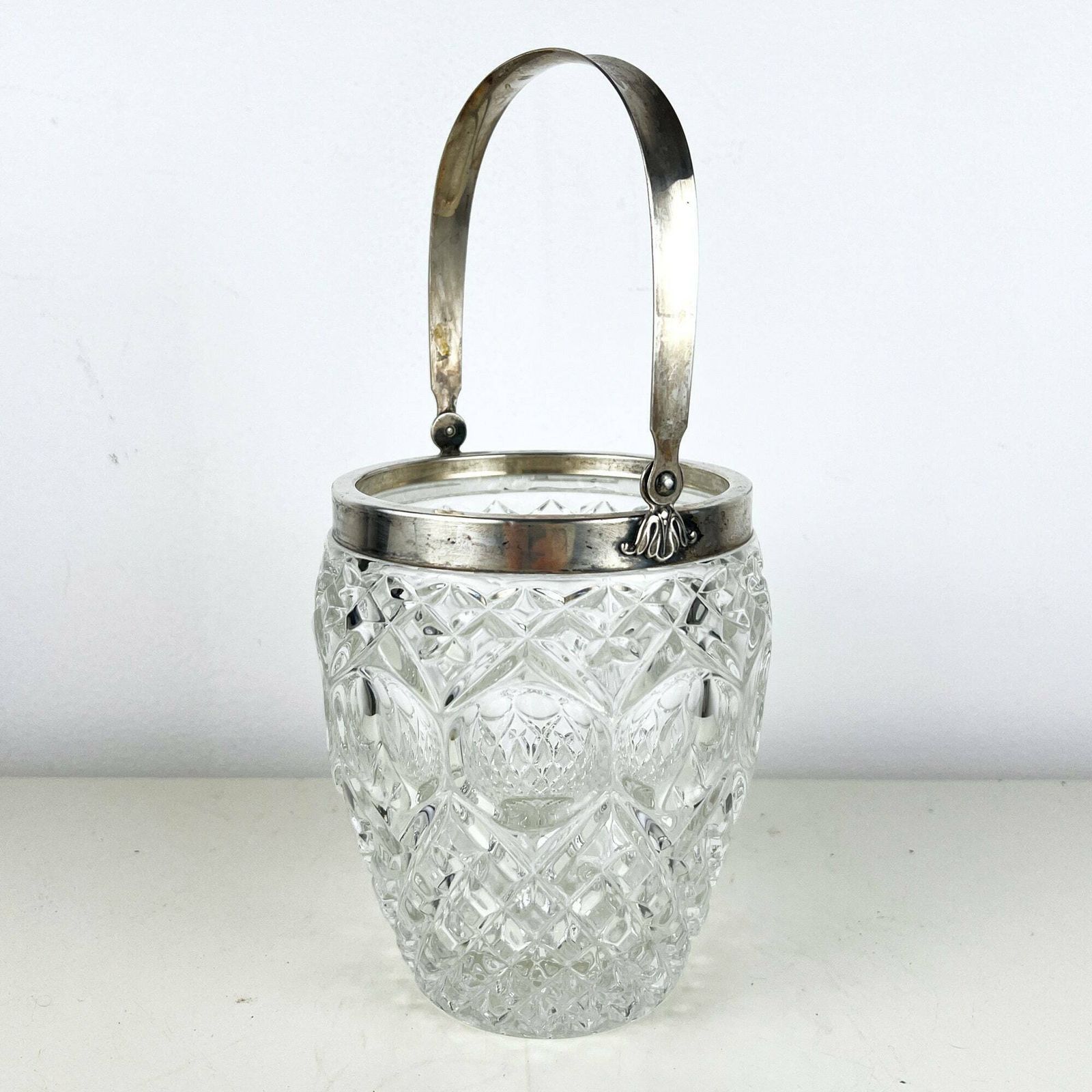 Vintage Italian Crystal And 800 Silver Ice Bucket, Cut Glass Bucket, Lead Glass Bucket, Vintage Bar Decor