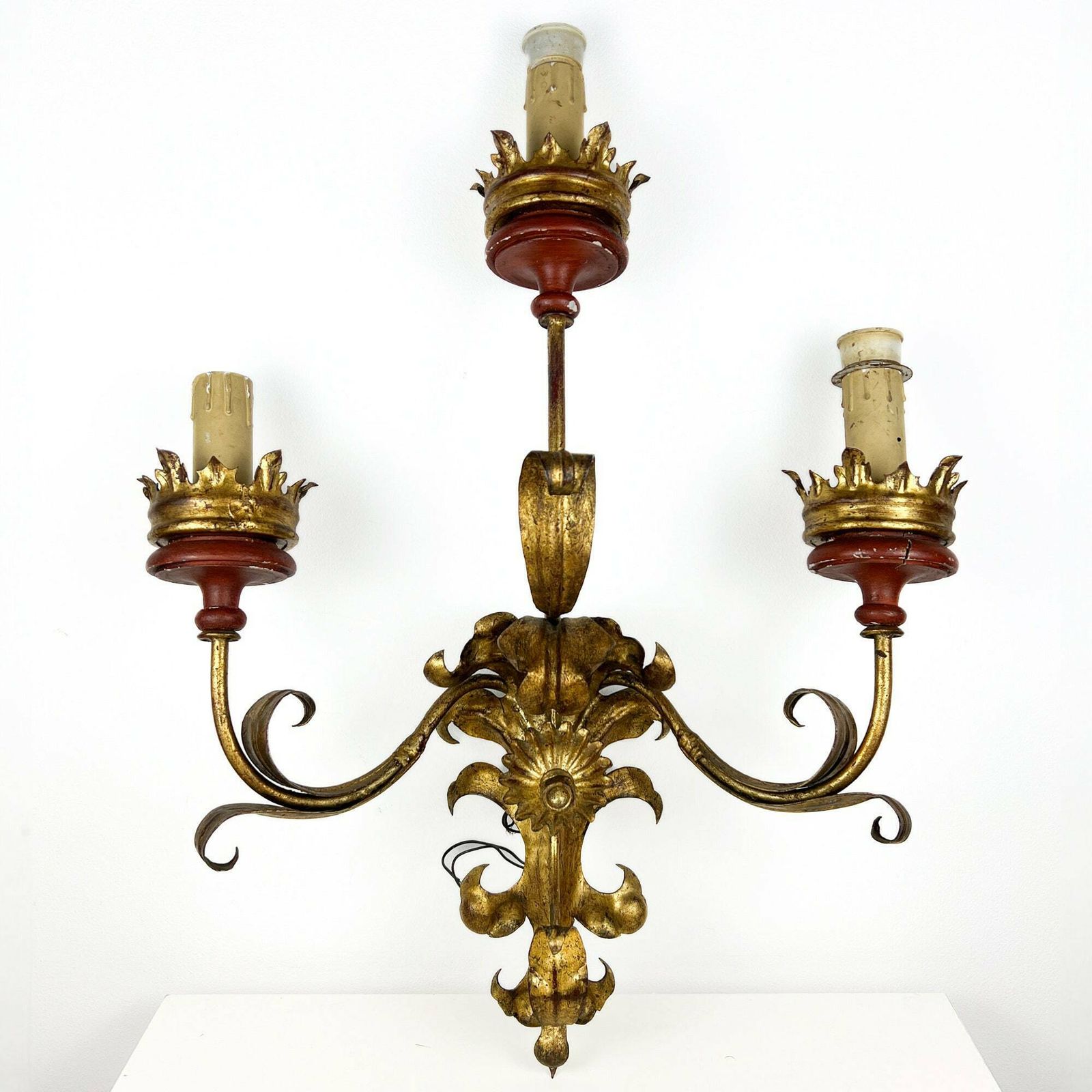 Antique Tole Sconce, Large Italian Gilt Tole Wall Lamp, Florentine Wall Sconce
