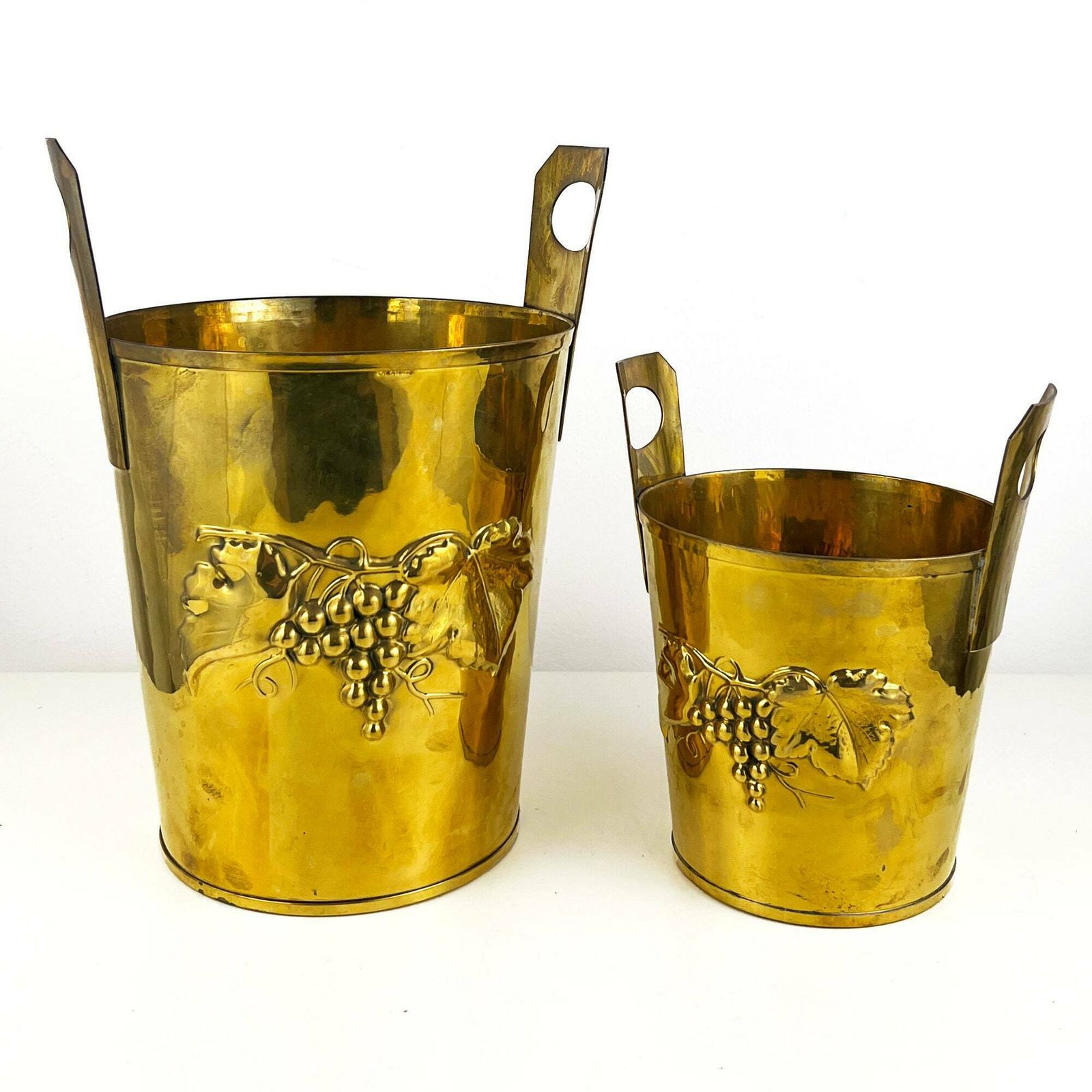 Set Of 2 Vintage Brass Buckets Or Planters, Embossed Gold Champagne Bucket, Flower Pot