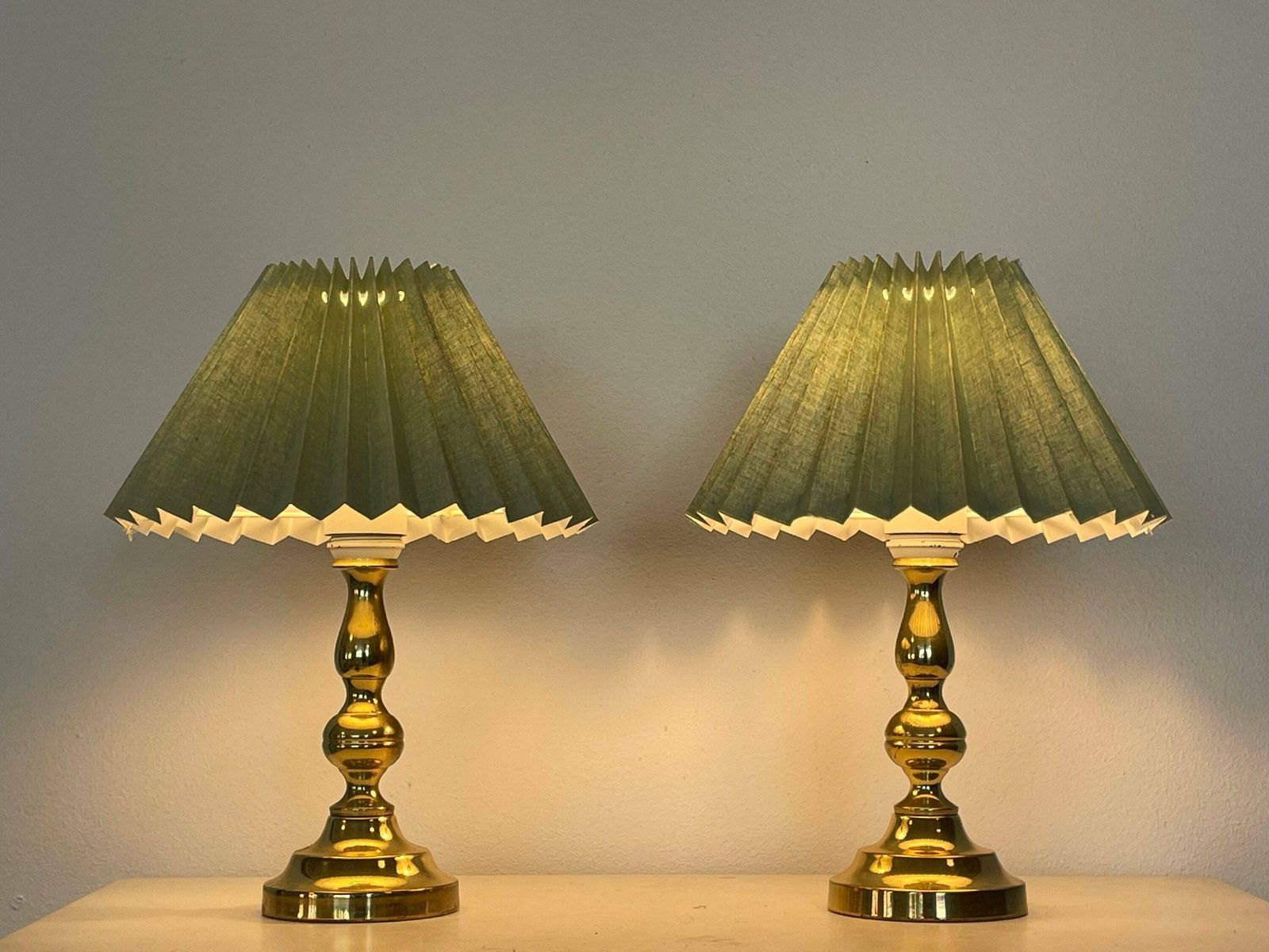 Danish Mid Century Modern 1960s Pair Of Table Lamps In Patinated Brass With Green Shades   Design From Knud Christensen Belysning, Denmark photo furniture