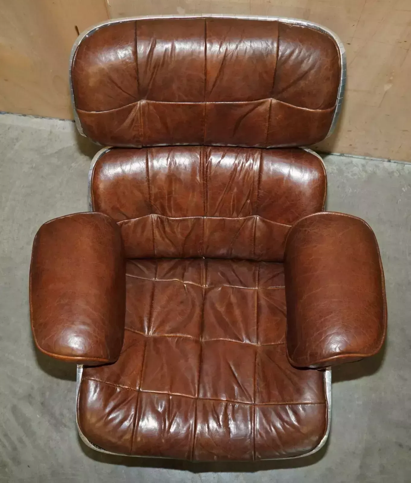 Stunning Heritage Brown Leather Hand Hammered Aviator Lounger Armchair & Ottoman photo vinterior