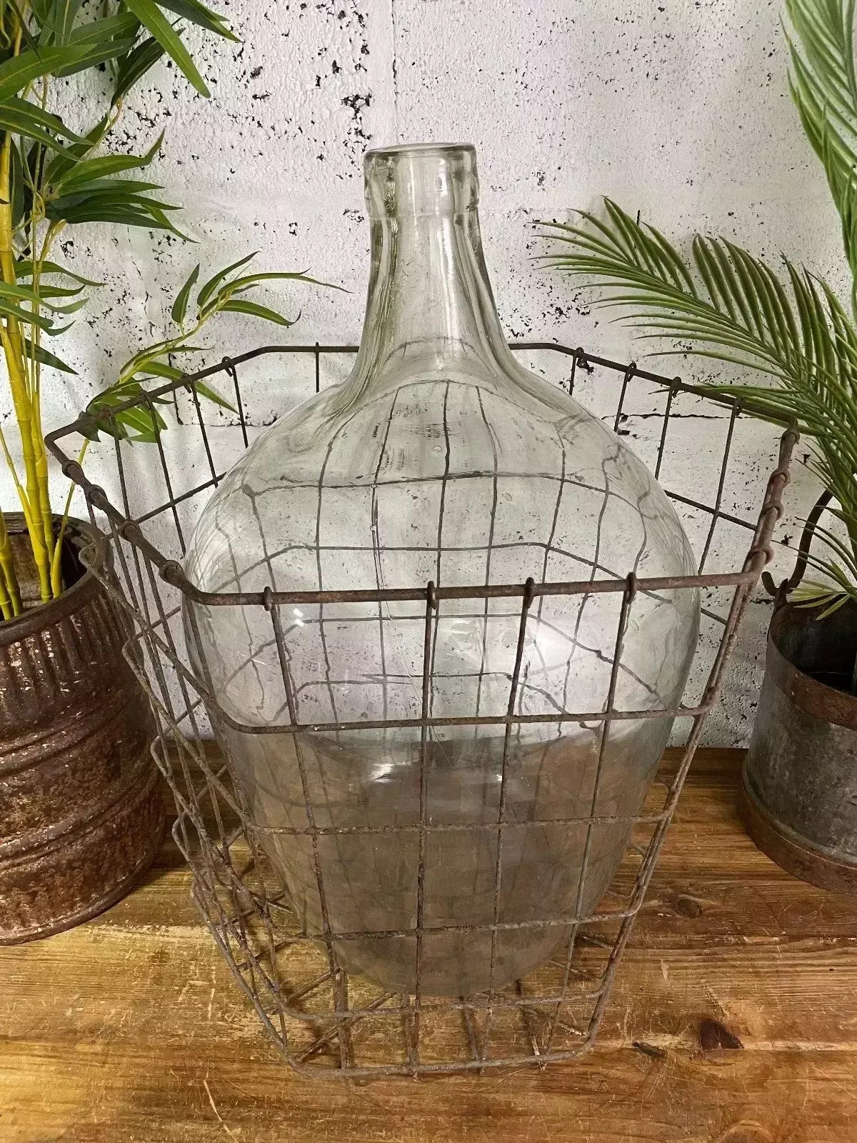 Antique Vintage Large French Hand Blown Glass Demijohn Carboy Cage Wedding Prop photo for sale