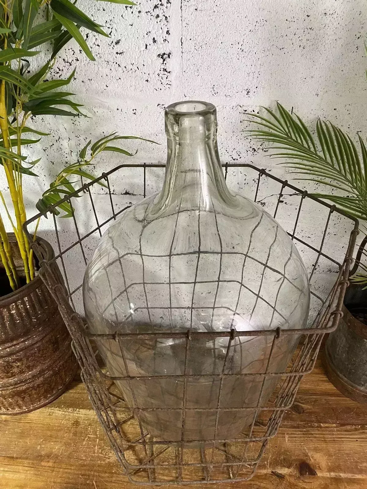 Antique Vintage Large French Hand Blown Glass Demijohn Carboy Cage Wedding Prop photo Garden Decor