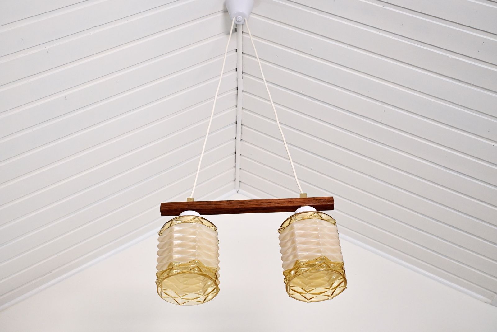 Vintage Midcentury Wood With Glass Double Hanging Lamp, Sweden 1960s photo furniture