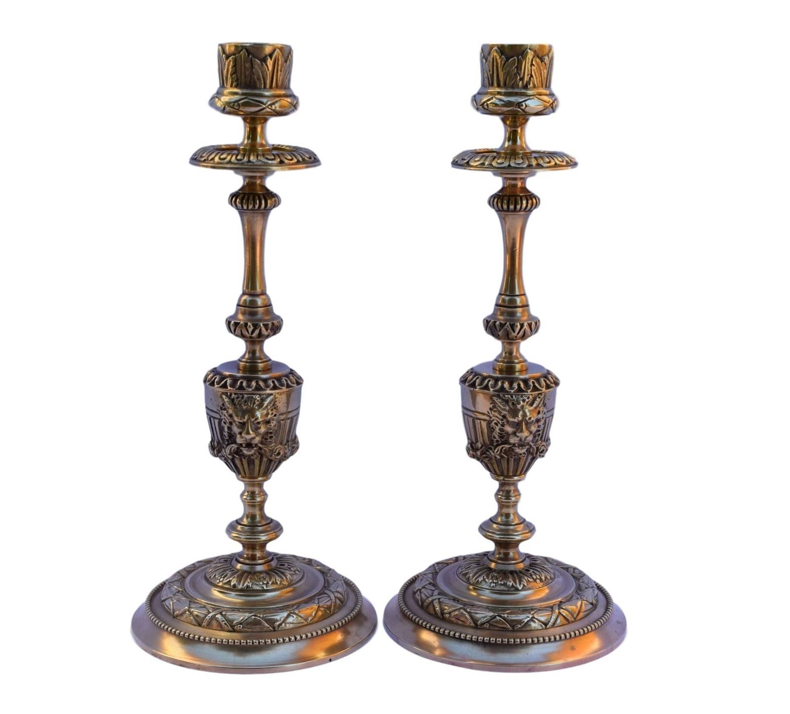 Pair Of French Antique Ormolu Bronze Candlesticks   Neo Classical Lion Head Figural Candle Holders   French Castle Chateau Decor Romantic