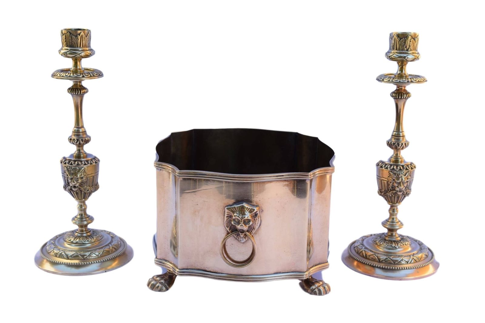 Pair Of French Antique Ormolu Bronze Candlesticks   Neo Classical Lion Head Figural Candle Holders   French Castle Chateau Decor Romantic photo furniture