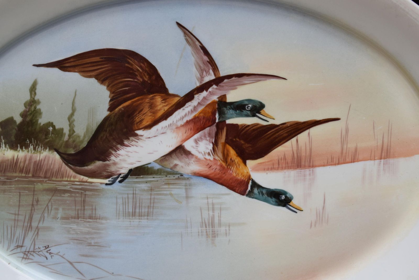 French Antique Gda Limoges Porcelain Very Large Oval Platter   Sauce Meat Dish   Hand Painted Flying Ducks Signed photo furniture