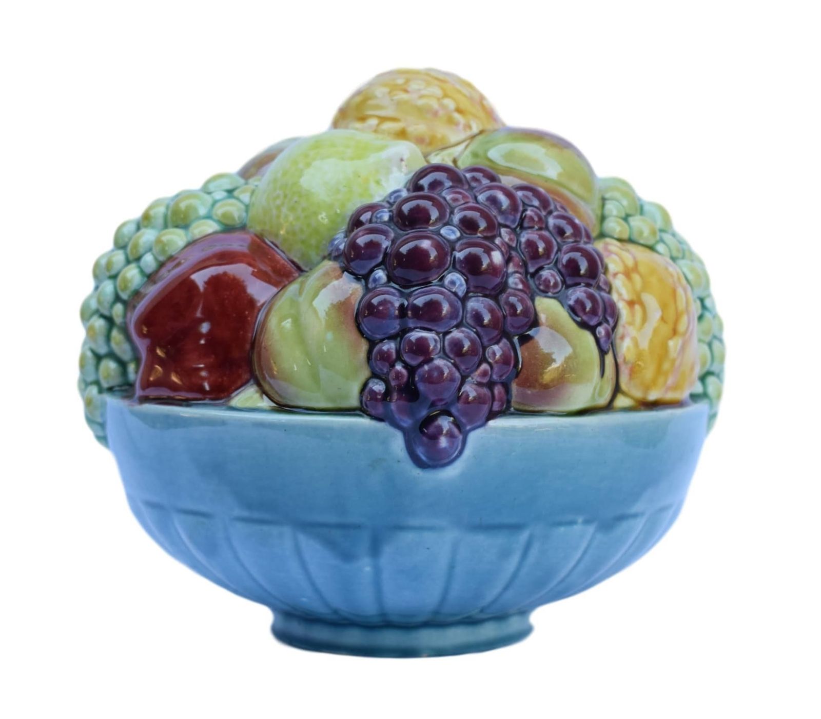 Sarreguemines French Antique Majolica Fruits Centerpiece Bowl Trompe L'oeil