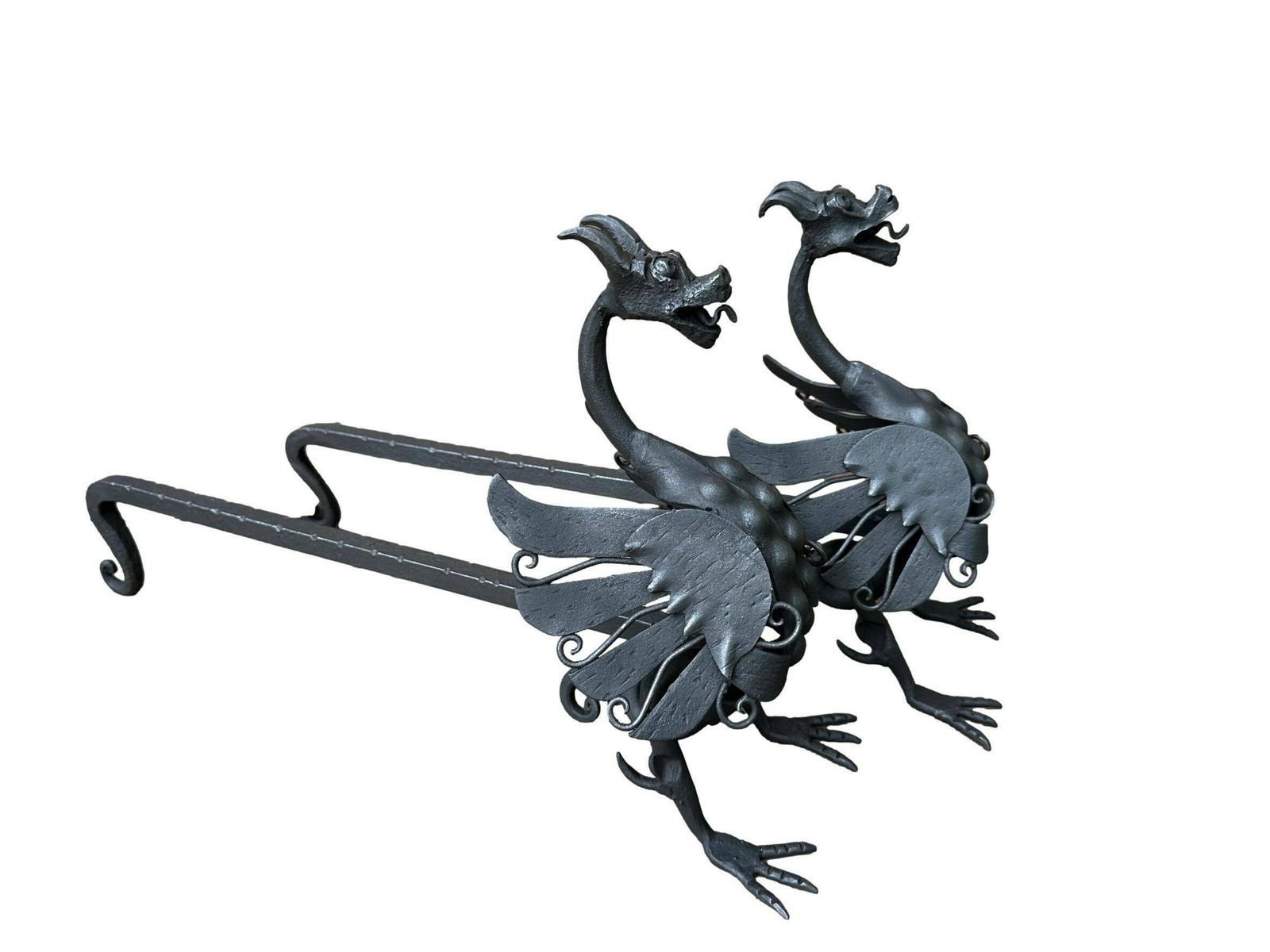 Antique Pair Of Wrought Iron Andirons Dragon Chimera photo furniture