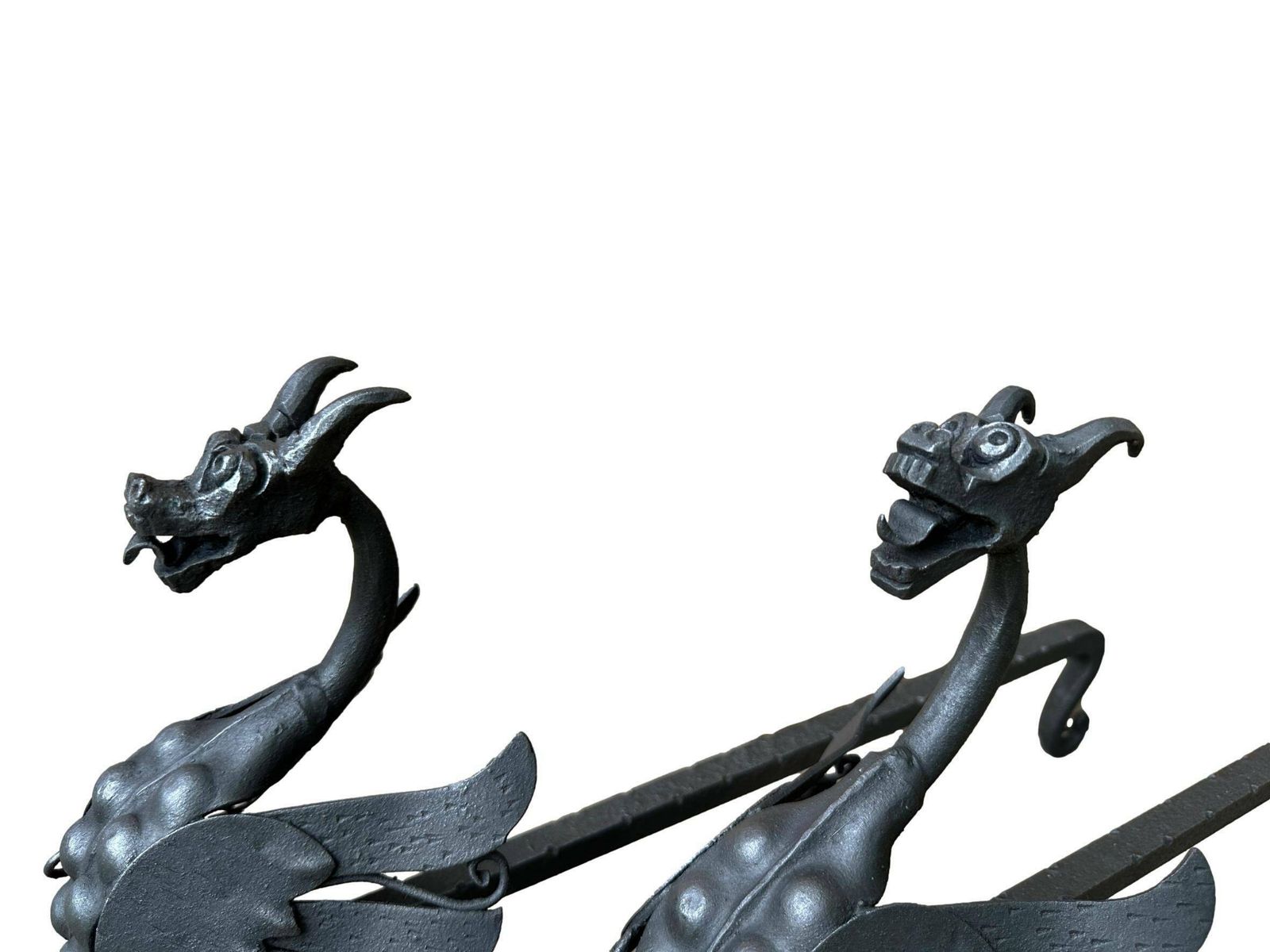 Antique Pair Of Wrought Iron Andirons Dragon Chimera photo 975.0