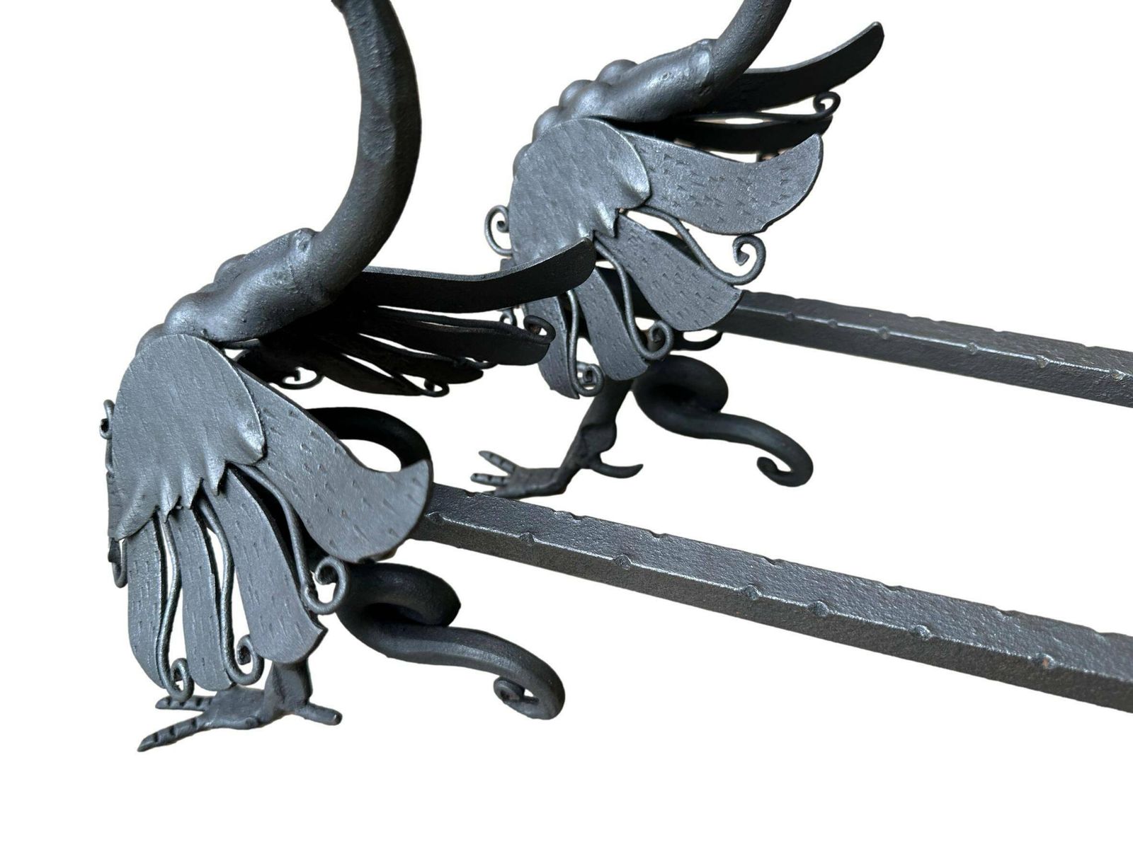 photo for sale Antique Pair Of Wrought Iron Andirons Dragon Chimera