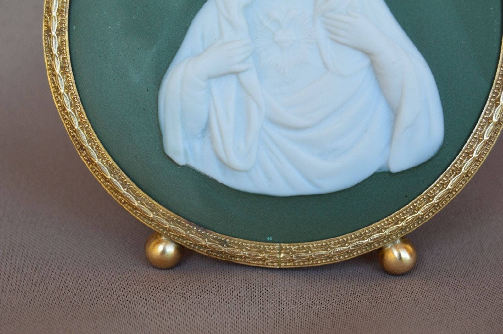 Religious 19thc Antique Brass Reliquary Frame   Mary Sacred Heart Plaque   French Virgin Mary Oratory   Religious Gift Communion photo for sale