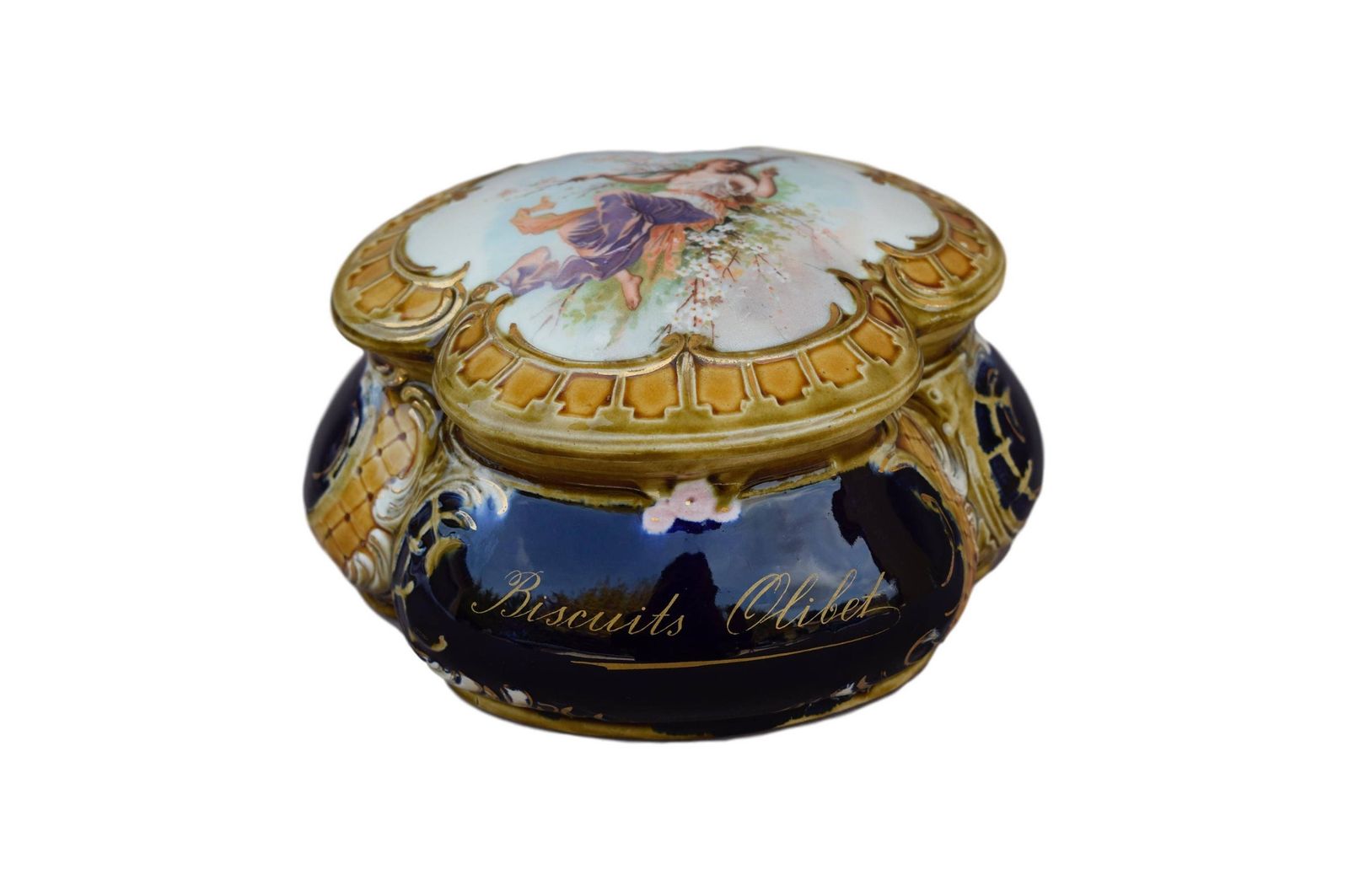 French Antique Art Nouveau Majolica Olibet Biscuits Lidded Box