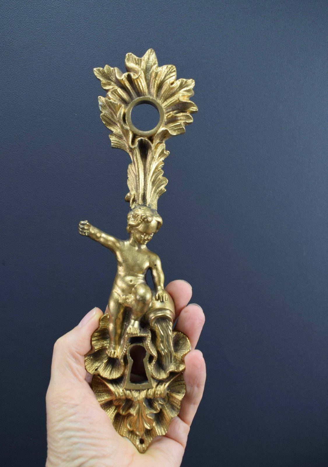 Antique French Bronze Angel Putto Door Back Plates Knob 18th photo vintage