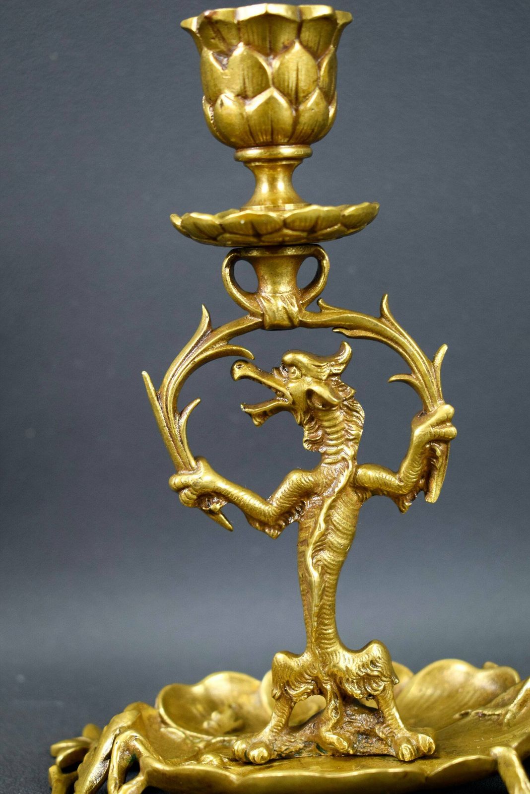 Vintage French Antique Bronze Candlestick Candle Holder 19th Dragons photo for sale