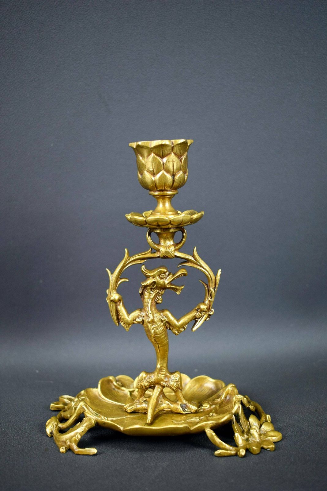Vintage French Antique Bronze Candlestick Candle Holder 19th Dragons photo 151.0