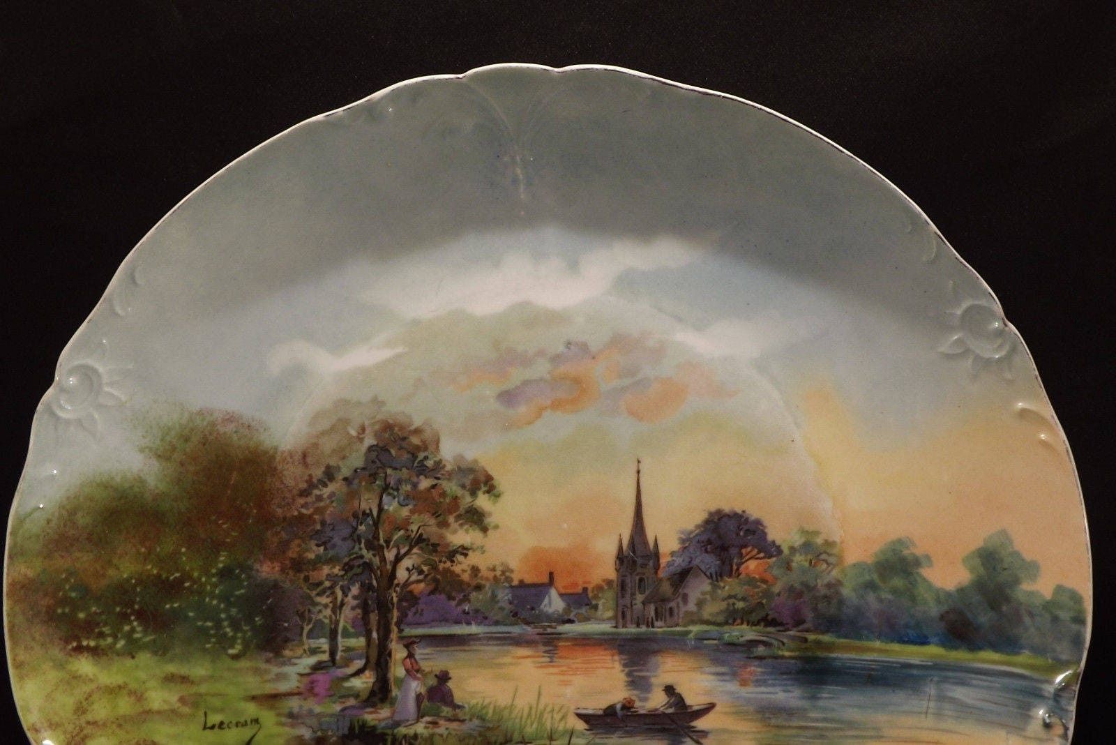 French Antique Large Limoges Porcelain Plate By J Pouyat 1890 1932 Signed Lecram Decorator   Impressionist Sunset Painting   Hand Painted photo vinterior