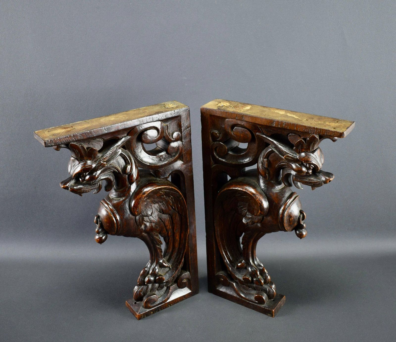 photo furniture 19th French Pair Of Carved Wooden Console Chimera