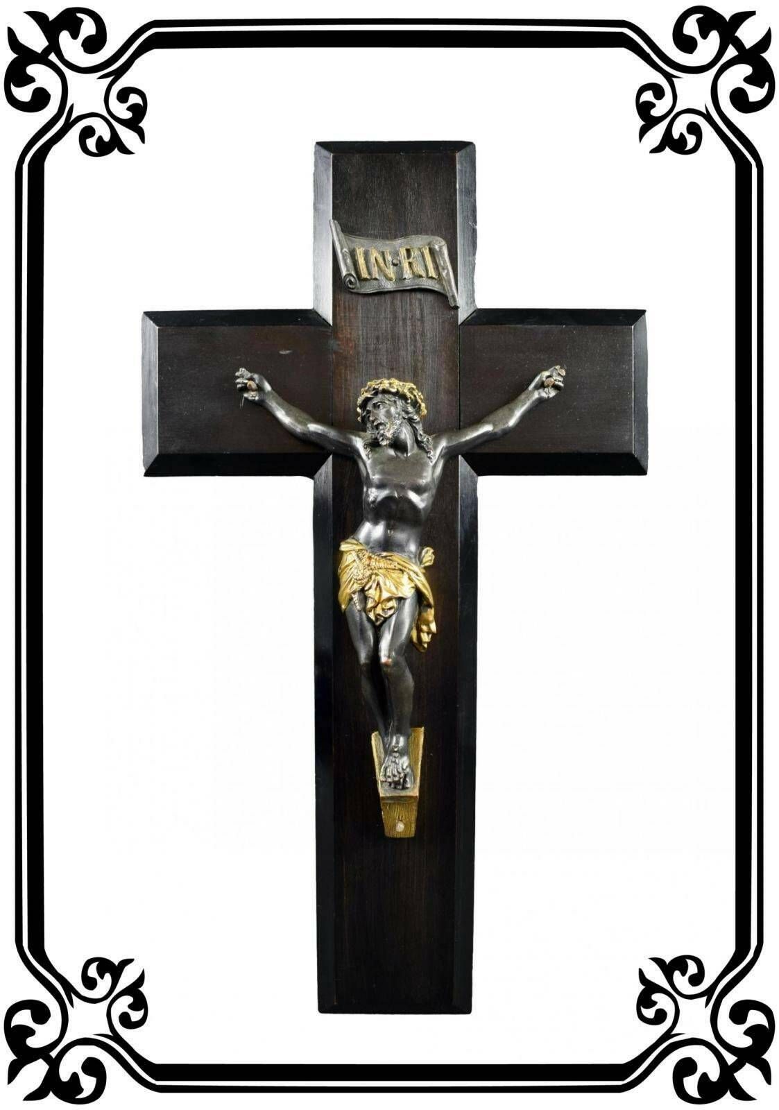 Large French Antique Hand Carved Wood Wall Cross Crucifix