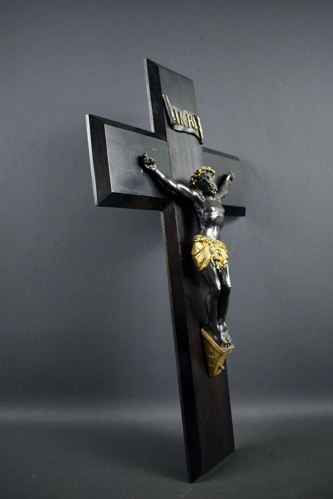 Large French Antique Hand Carved Wood Wall Cross Crucifix photo 284.0