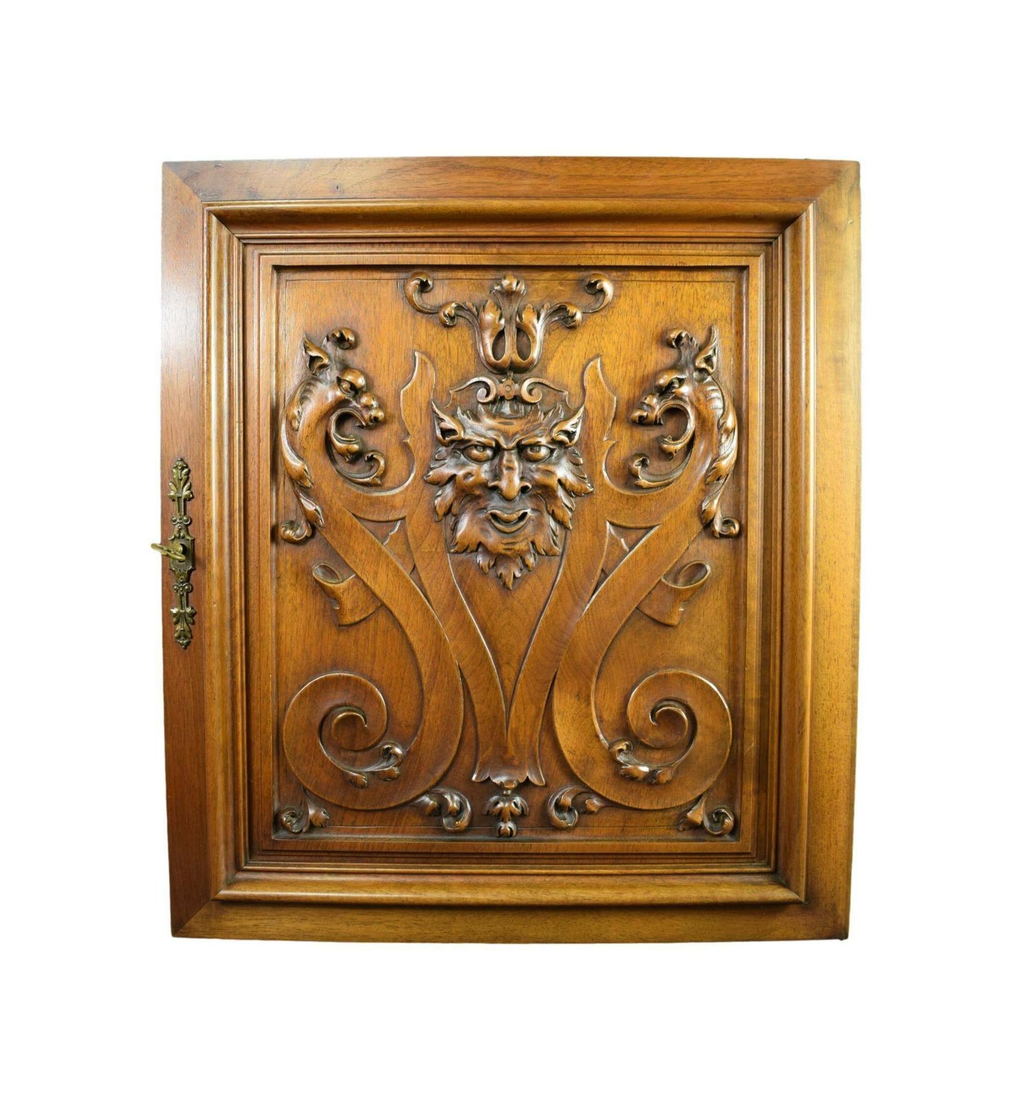 Architectural French Antique Hand Carved Wood Cupboard Chimera Head Mascaron 19th