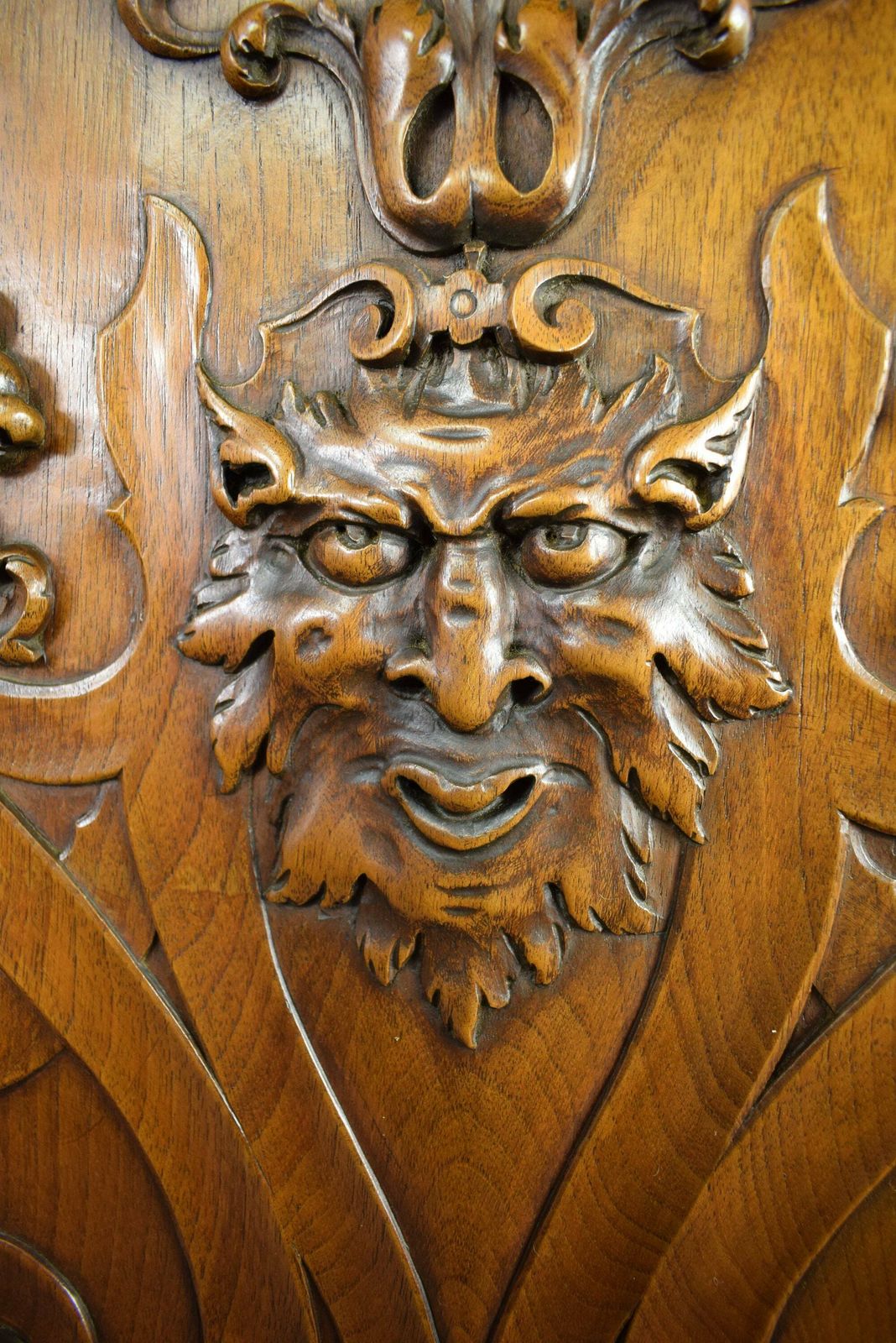Architectural French Antique Hand Carved Wood Cupboard Chimera Head Mascaron 19th photo for sale