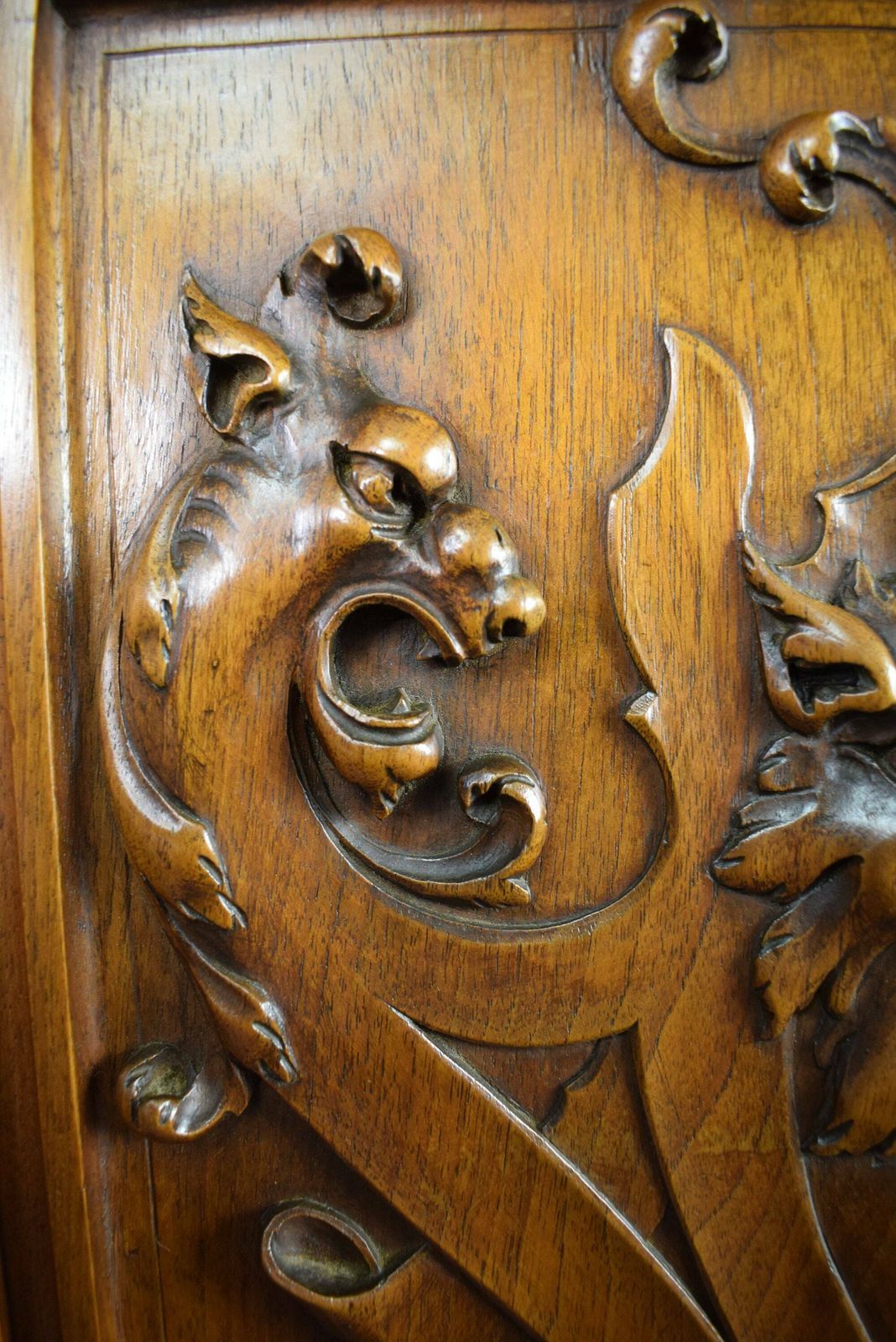 Architectural French Antique Hand Carved Wood Cupboard Chimera Head Mascaron 19th photo 365.0