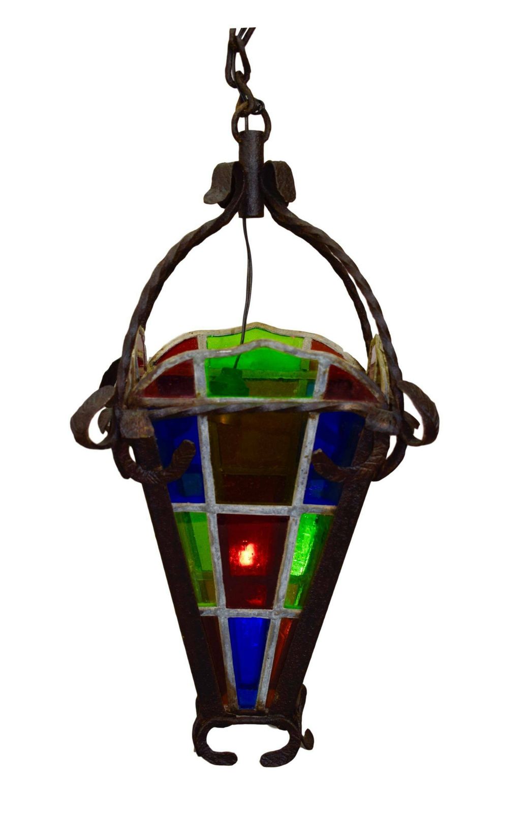 French Antique Wrought Iron Lantern With Stained Glass   Belle Epoque Porch Chandelier   Lighting Outdoor photo for sale