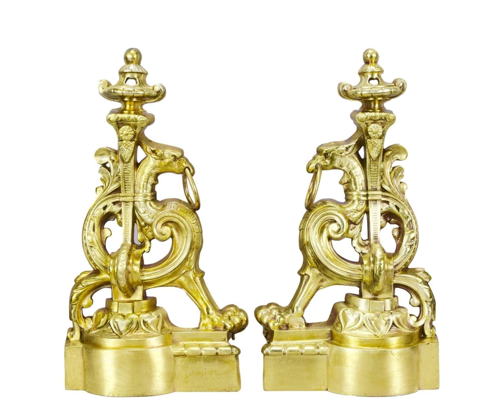French Antique Bronze Griffin Andirons Chimera