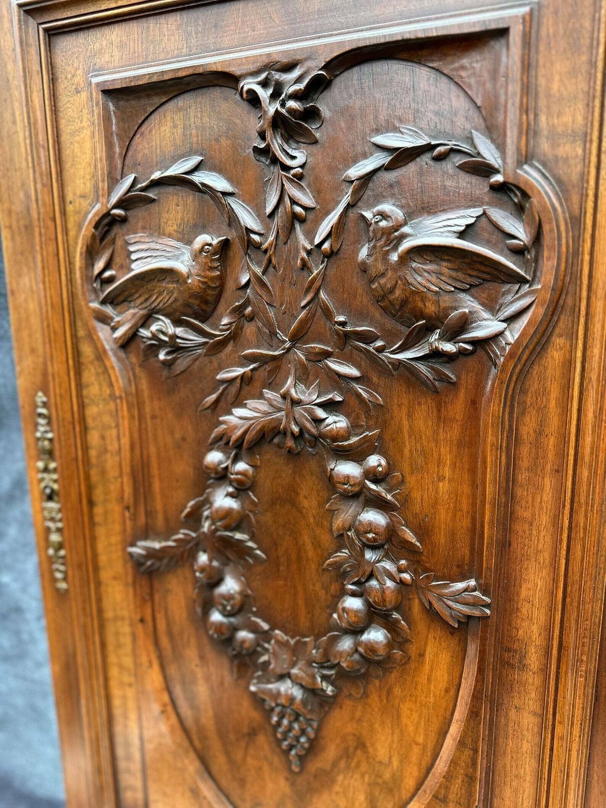 Large French Antique Carved Wood Cabinet Door Couple Of Birds photo for sale