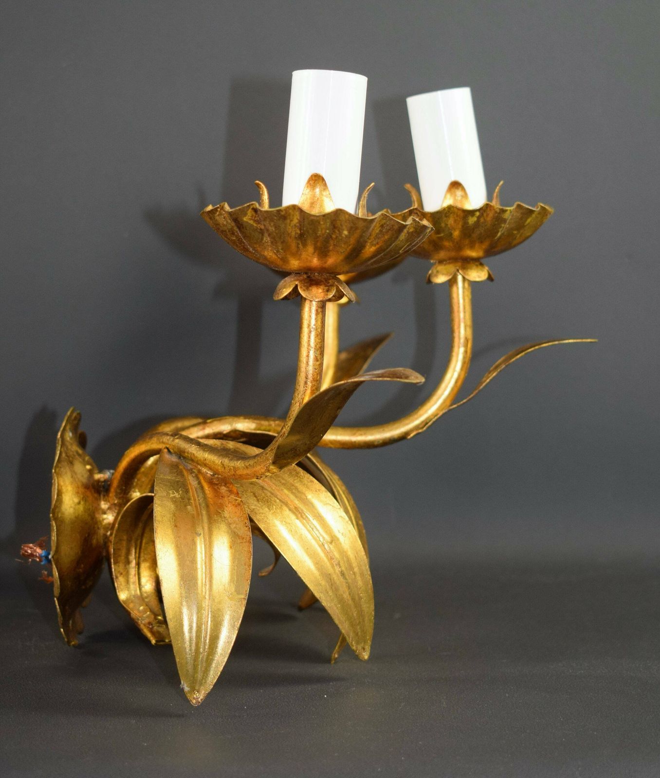 French Antique Pair Of Hollywood Regency Triple Leaves Wall Lights Sconces Hans Kögl photo Lighting