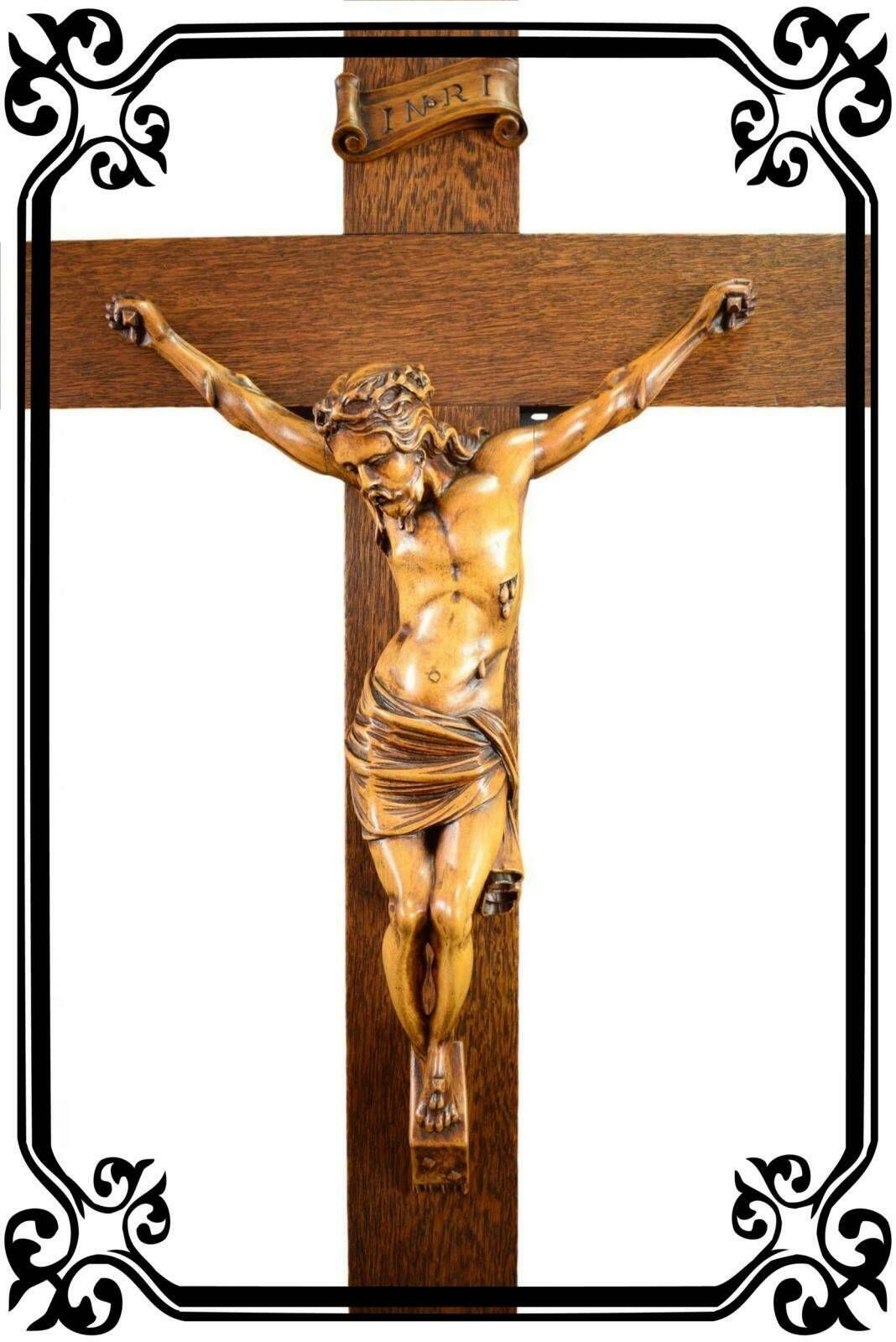 French Vintage 28" Carved Wood Wall Crucifix Cross