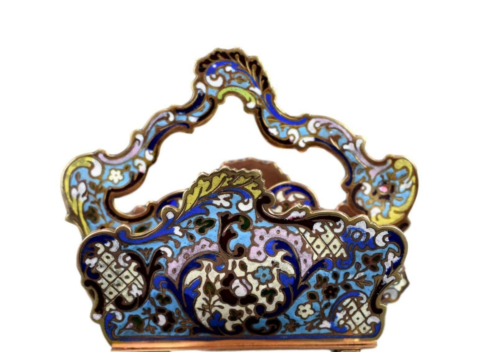 Antique French Enameled Cloisonne Bronze Letter Holder Blotter Holder photo 240.0